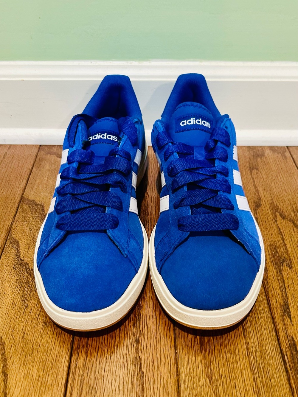 Adidas Blue Suede Court-Style Sneakers with White Stripes